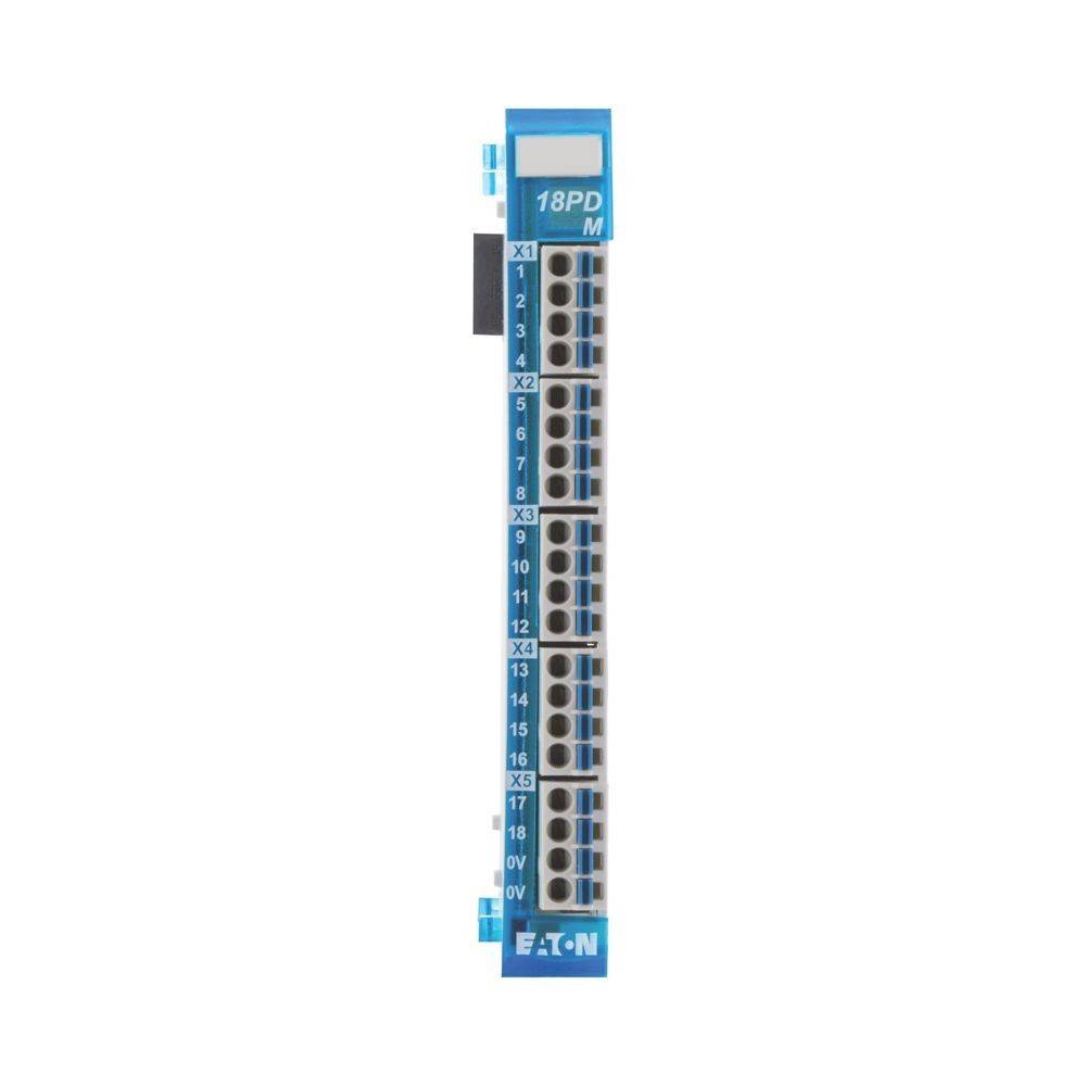Eaton' blaues Terminalblocksmodul, bezeichnet als '18PD M', mit nummerierten Anschlusspunkten X1 bis X5, verwendet für elektrische Verbindungen.