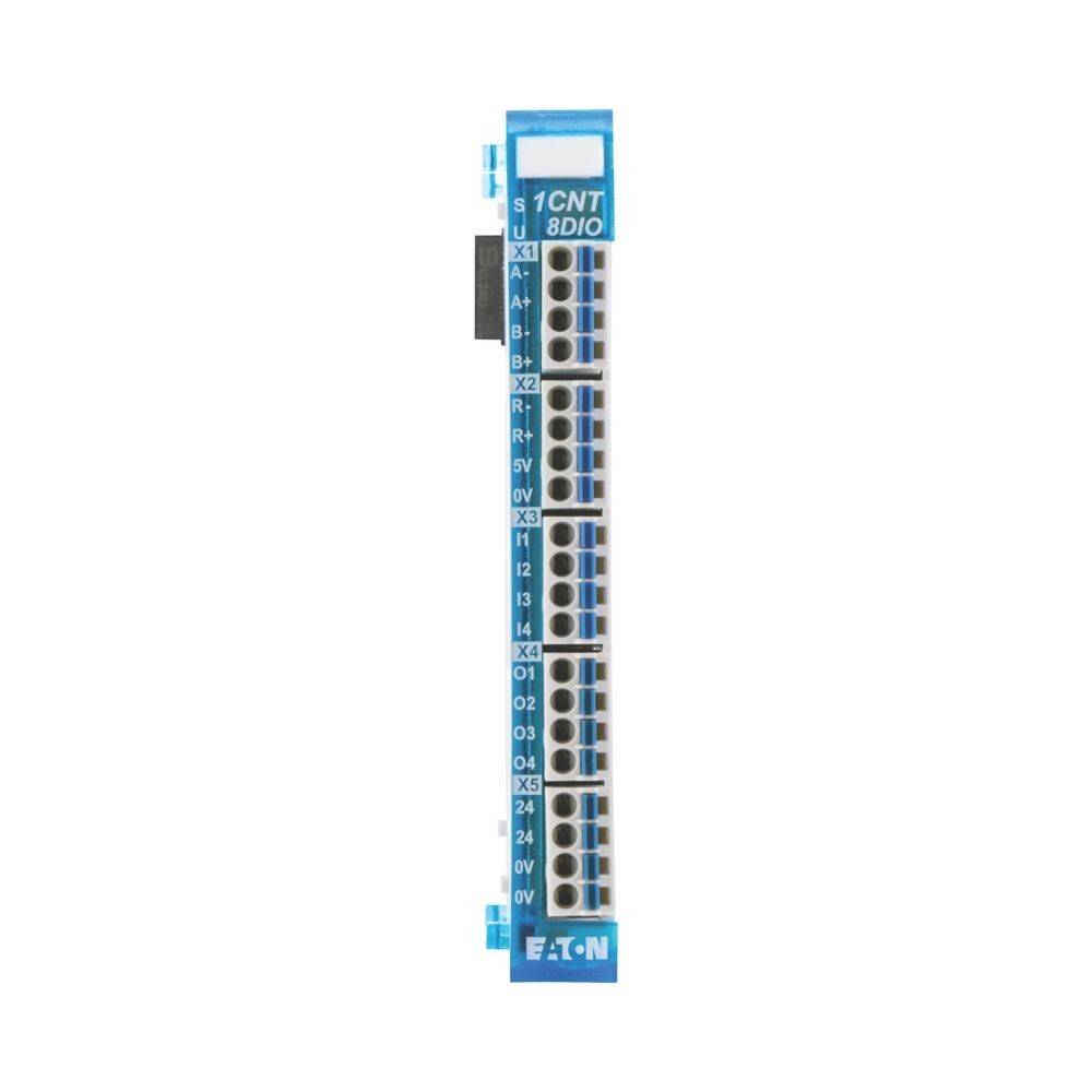 Ein blaues Eaton-Elektronikmodul mit beschrifteten Anschlüssen für X1 bis Y4, O1 bis O4 und Stromversorgungseingängen.