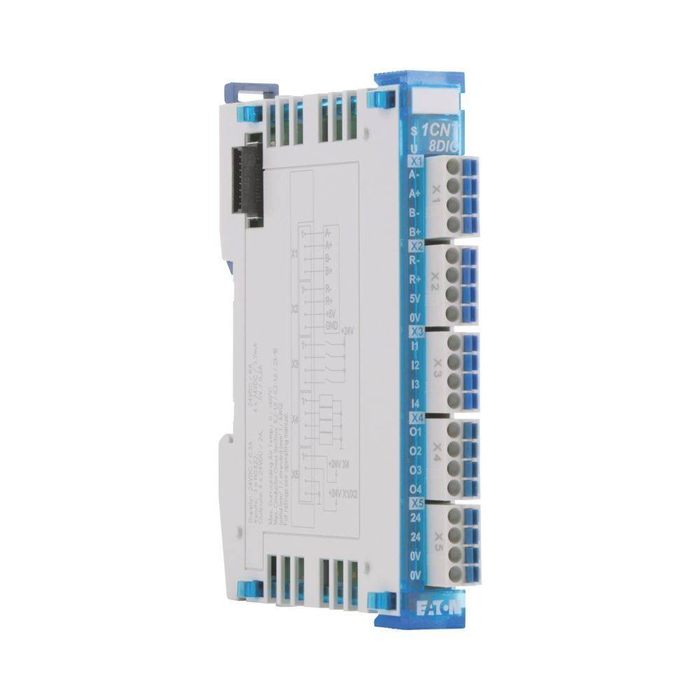 Eine Nahaufnahme eines Eaton-Elektrogerätemoduls mit blauen und weißen Anschlüssen, beschriftet mit '8DI', mit detailliertem Schaltkreisdiagramm.
