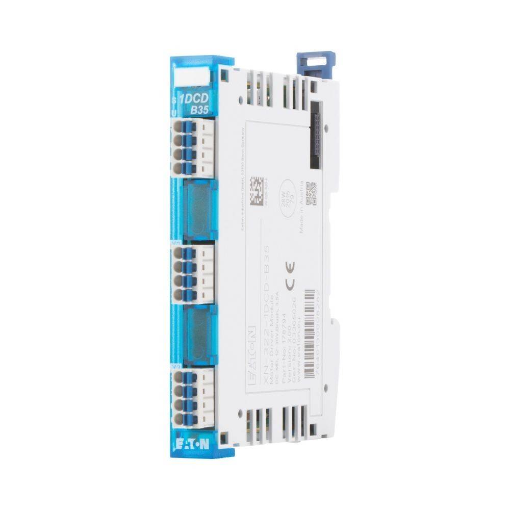 Elektronisches Modul mit 'DCD B35' auf der blauen Seite, ausgestattet mit mehreren Anschlüssen und beschrifteten Komponenten, typisch für industrielle Anwendungen.