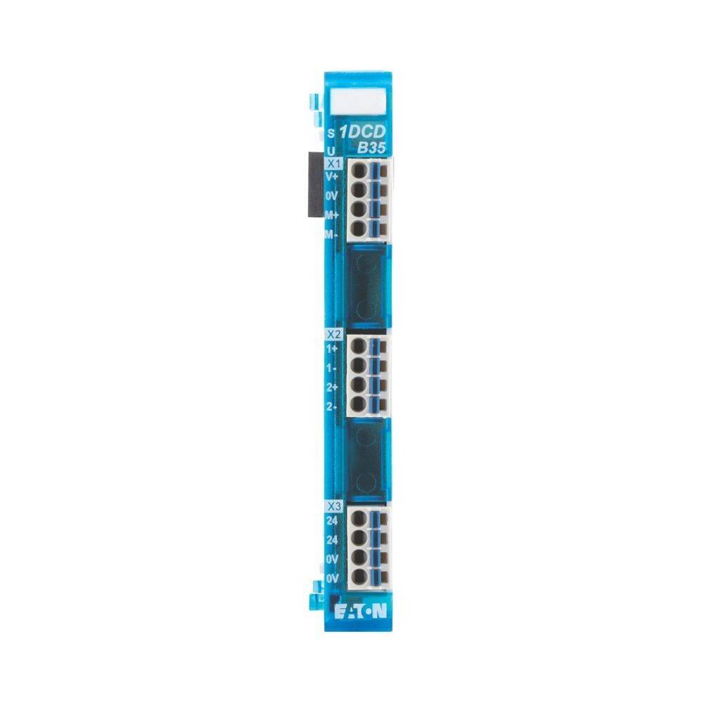Eine blaue Eaton Elektronikkomponente mit der Bezeichnung '1 DCD B35', die mehrere Anschlussports mit den Markierungen X1, X2 und X3 aufweist.