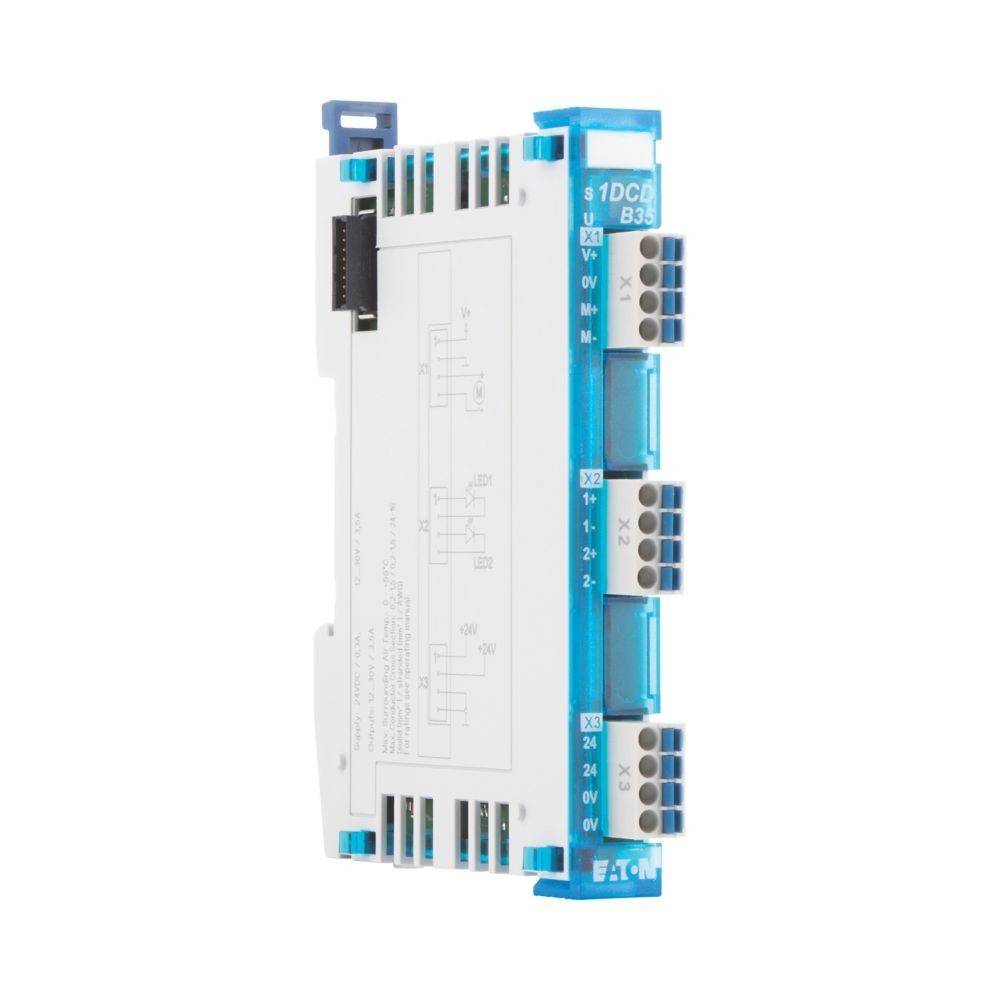 Ein industrielles elektronisches Modul mit weiß-blauem Design, ausgestattet mit Anschlüssen, die mit X1 und X2 beschriftet sind, und Eaton-Branding.