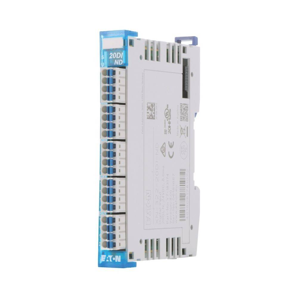 20DI' blau-weiße elektronische Modul mit verschiedenen Anschlüssen, verwendet für industrielle Automatisierungs- und Steuerungssysteme, gekennzeichnet mit 'EATON'.