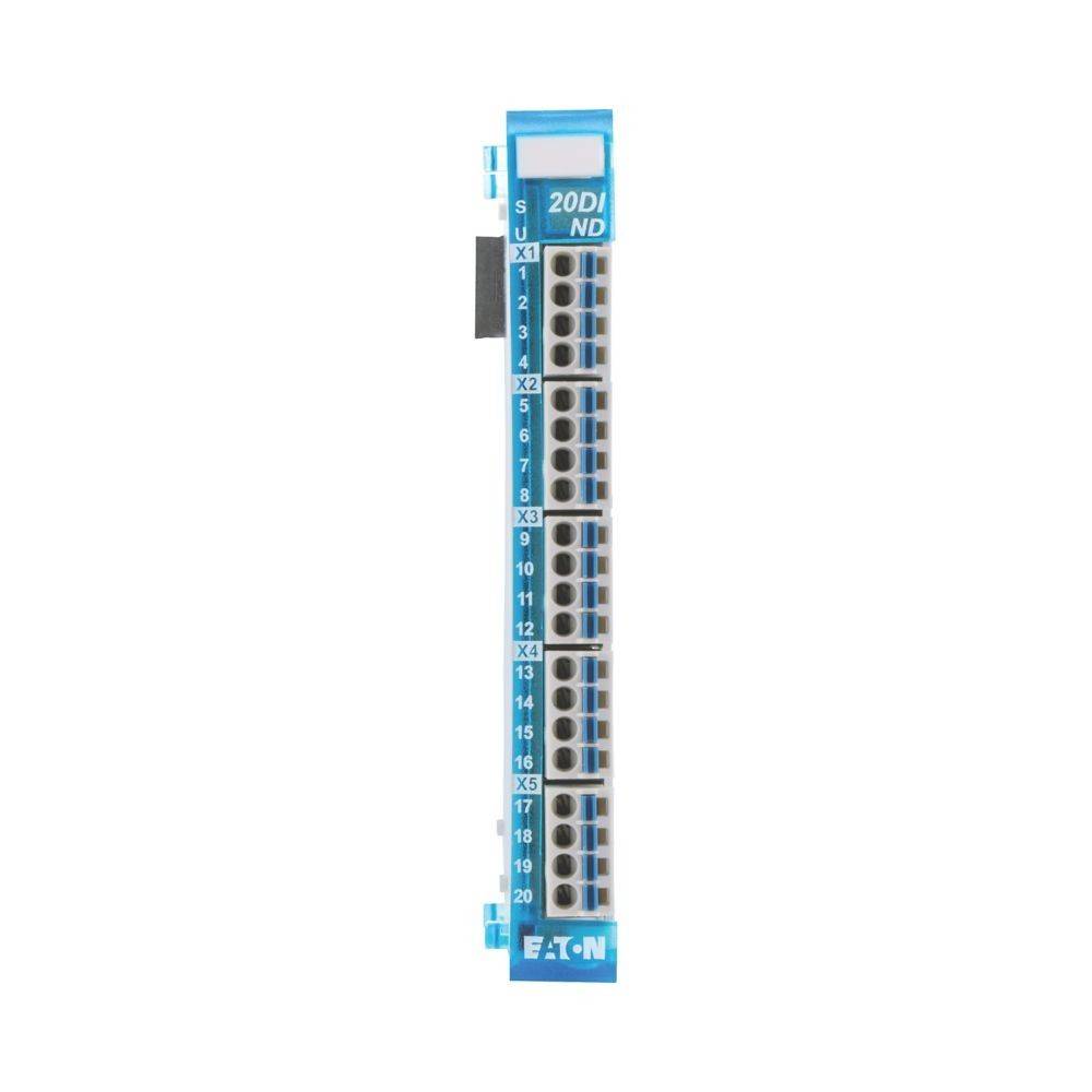 Ein blauer Eaton 20DI ND-Modul mit zwei Reihen von nummerierten Anschlussports, beschriftet von X1 bis X5.