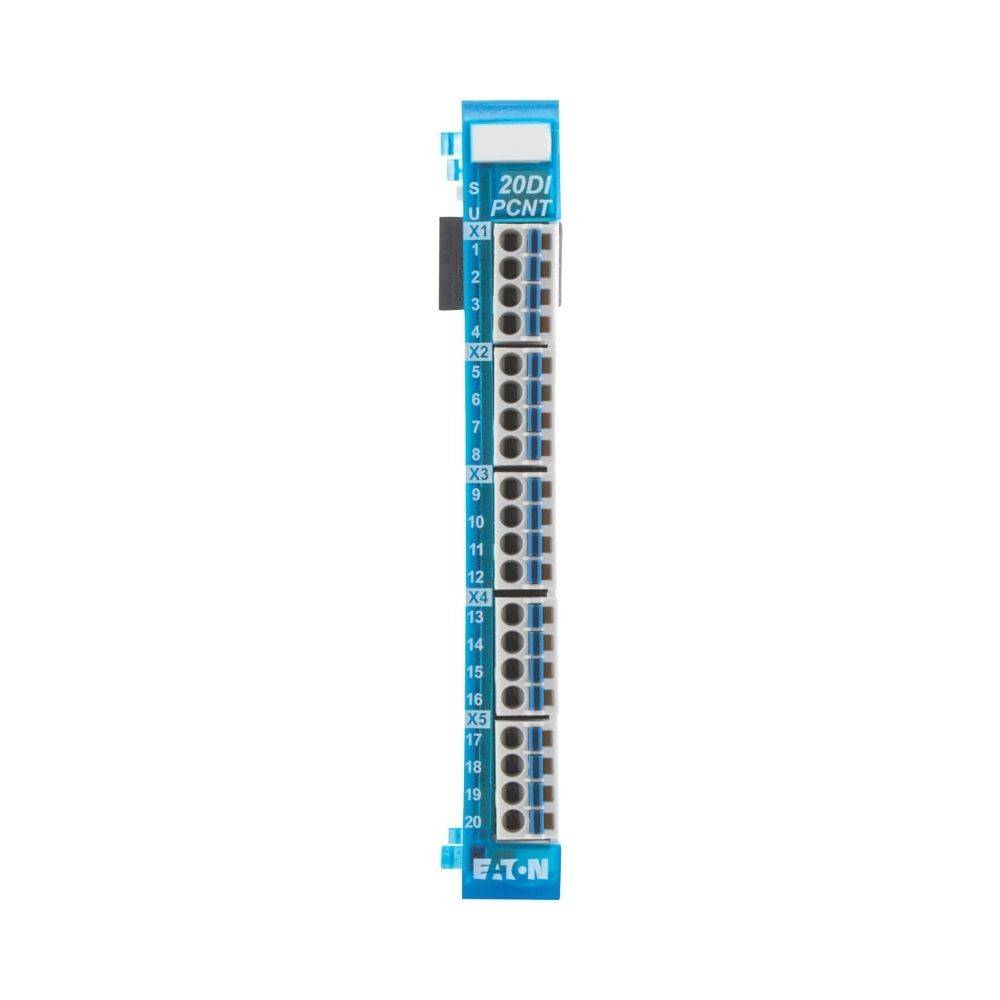 Ein blauer Eaton 20DI PCNT-Modul mit mehreren Anschlussports, die von X1 bis X5 benannt sind und die Zahlen 1 bis 20 anzeigen, der für elektrische Systeme verwendet wird.