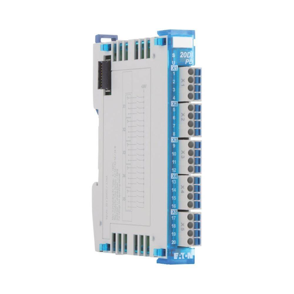 Elektrischer Klemmenblock mit blauen Anschlusspunkten und weißem Gehäuse. Etikett 'Eaton' sichtbar. Verwendet zur Verbindung elektrischer Schaltkreise.