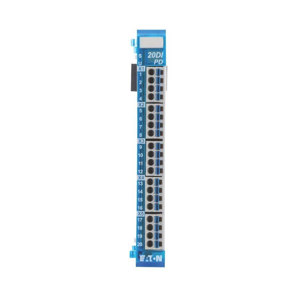 Eaton 20DI PD'-Modul mit 20 Eingabeports, gekennzeichnet von X1 bis X5. Jeder Port verfügt über vier Anschlusspunkte, nummeriert von 0 bis 3. Blaues Gehäuse.