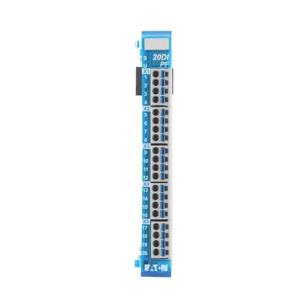 Eaton 20DI' digitales Eingabemodul, blau, mit 20 beschrifteten Anschlüssen (X1 bis X5, 1 bis 20), verwendet für industrielle Automation.