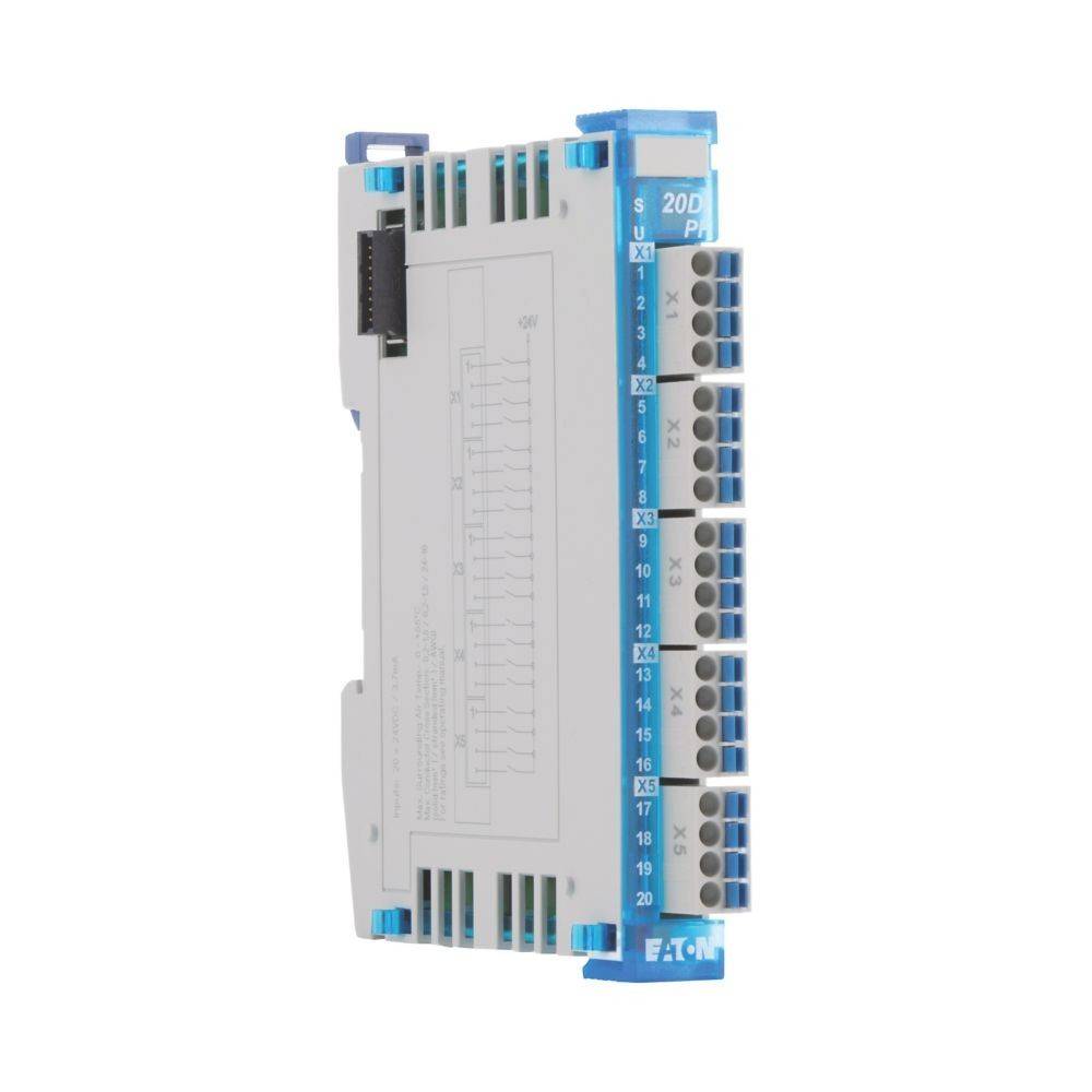 Eaton Elektronikgerät mit mehreren vertikal angeordneten beschrifteten Anschlüssen, konzipiert für die Verwaltung elektrischer Verbindungen und Datensignale.