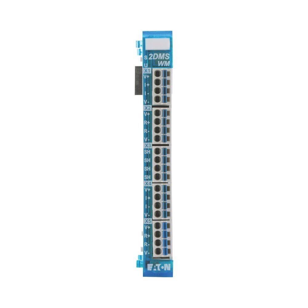 Blaues Eaton-Elektromodul mit mehreren Anschlüssen, von X1 bis X5 und SH beschriftet, verwendet zur Verbindung und Steuerung elektrischer Systeme.