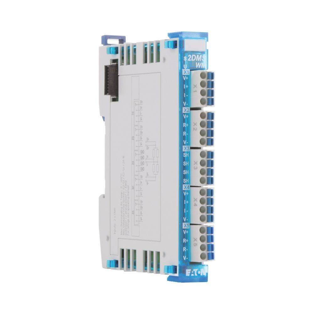 Das ‚Eaton 2DM 5125' ist ein kompaktes, blau-weißes elektrisches Modul mit mehreren Anschlussports und Modelldetails an der Seite.