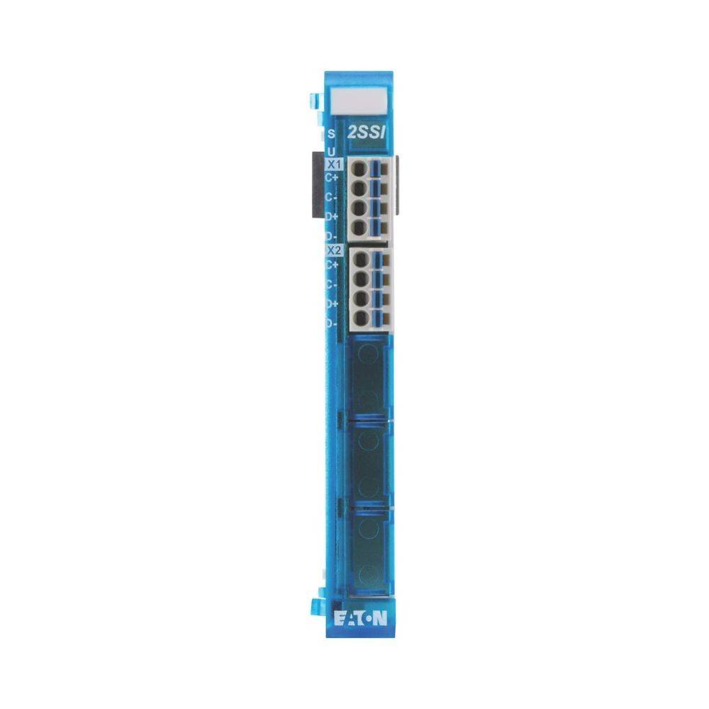 Eaton 2SSI-Komponente mit blauem Gehäuse, ausgestattet mit mehreren Anschlusspunkten, die mit X1 und X2 gekennzeichnet sind und für elektrische Systeme verwendet werden.