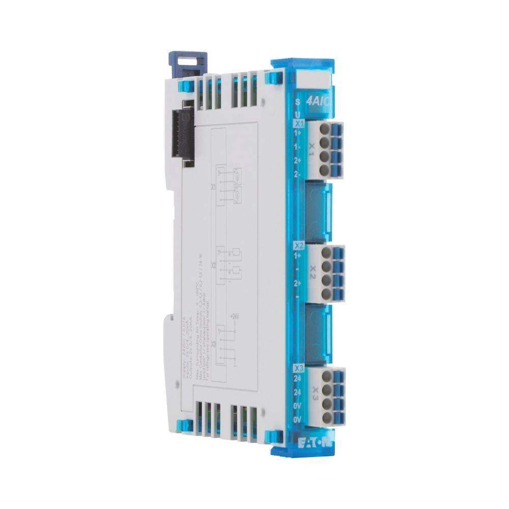 Elektronisches Modul mit blau-weißem Gehäuse, beschriftet mit 'EATON'. Es verfügt über mehrere Anschlüsse und Steckverbinder, wahrscheinlich für industrielle Anwendungen.