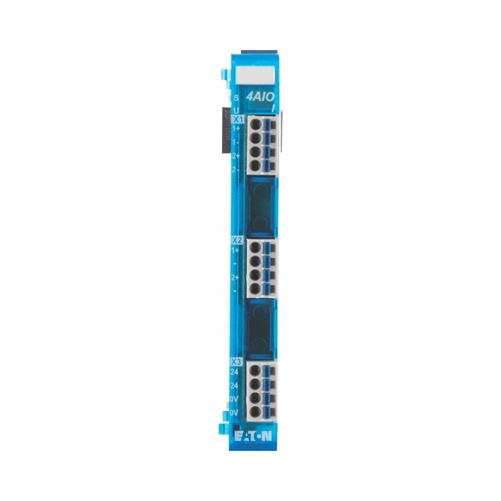 Ein blauer Industriemodul mit der Bezeichnung '4AIO' mit drei Anschlusspunkten, die zusätzlich als X1, X2, X3 gekennzeichnet sind, sowie weiteren Markierungen wie 24V und 0V.