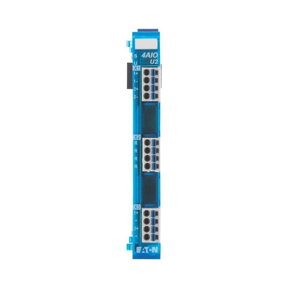 Ein blauer Eaton 4AIO U2-Modul mit mehreren Anschlusspunkten, die mit X1, X2 und X3 beschriftet sind, wird in elektrischen Montagen oder Automatisierungssystemen verwendet.