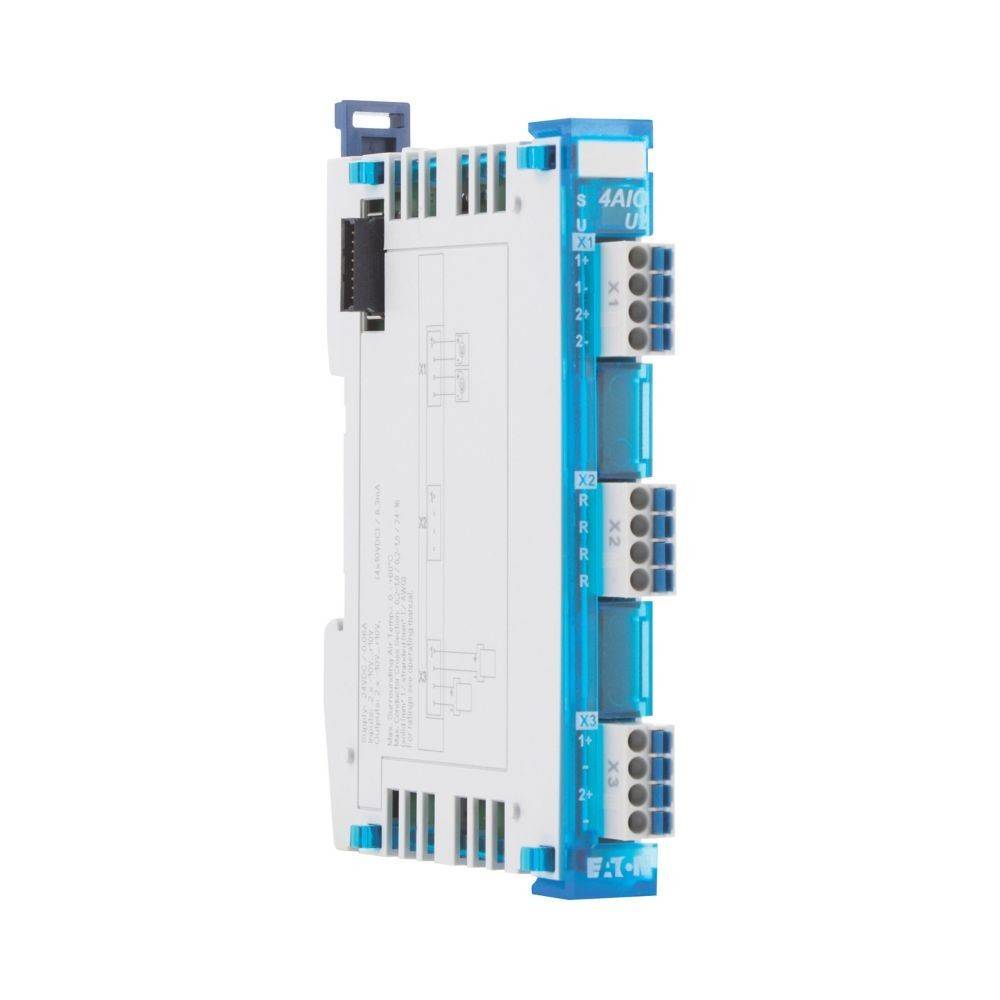 Ein blau-weißes elektronisches Modul mit Klemmverbindern und beschrifteten Anschlüssen, wahrscheinlich für Steuerungssysteme oder Automatisierungsanwendungen verwendet.