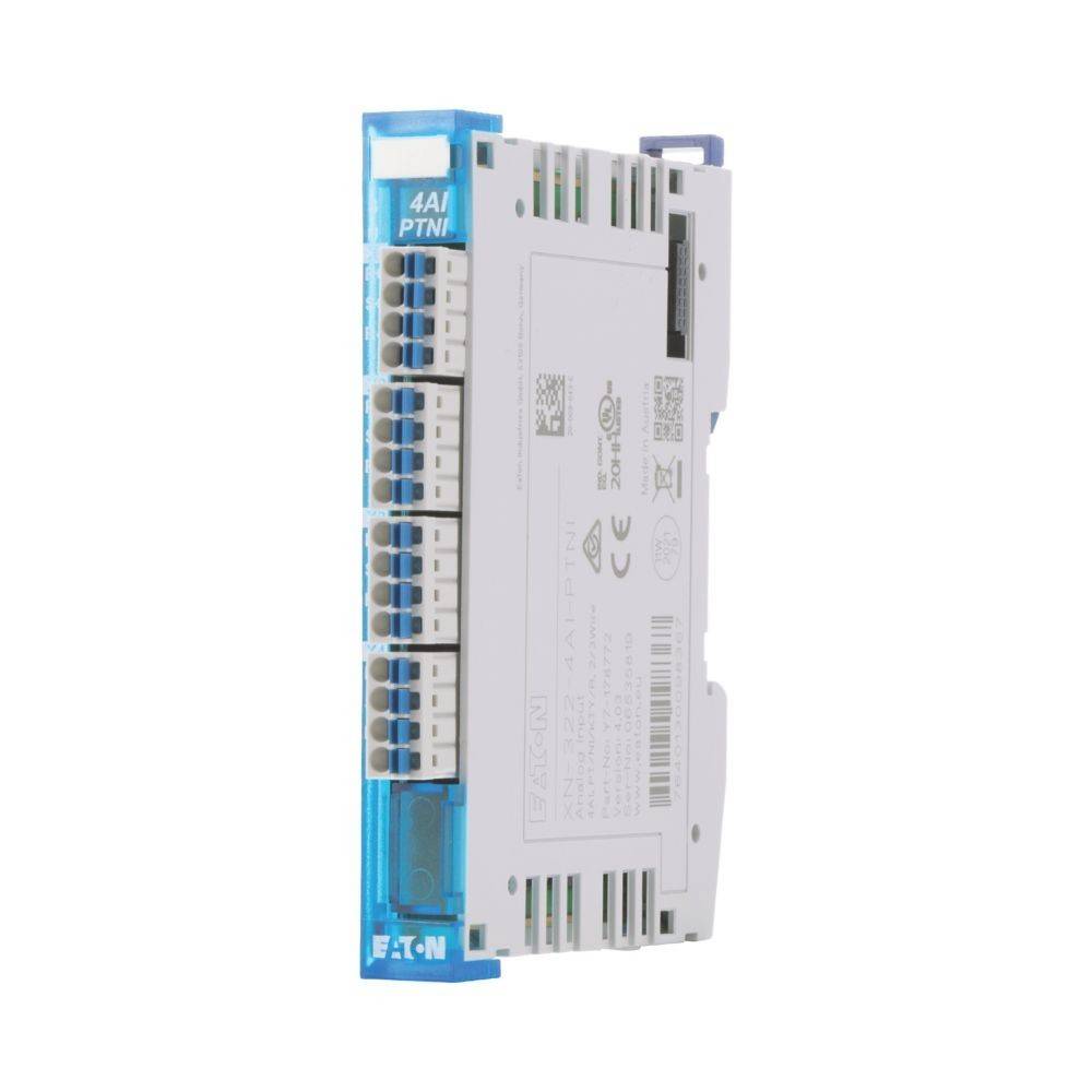 Ein schmales, rechteckiges elektronisches Modul mit mehreren Anschlüssen an der Seite, mit der Aufschrift 'Eaton', was auf ein Energie- oder Steuergerät hinweist.