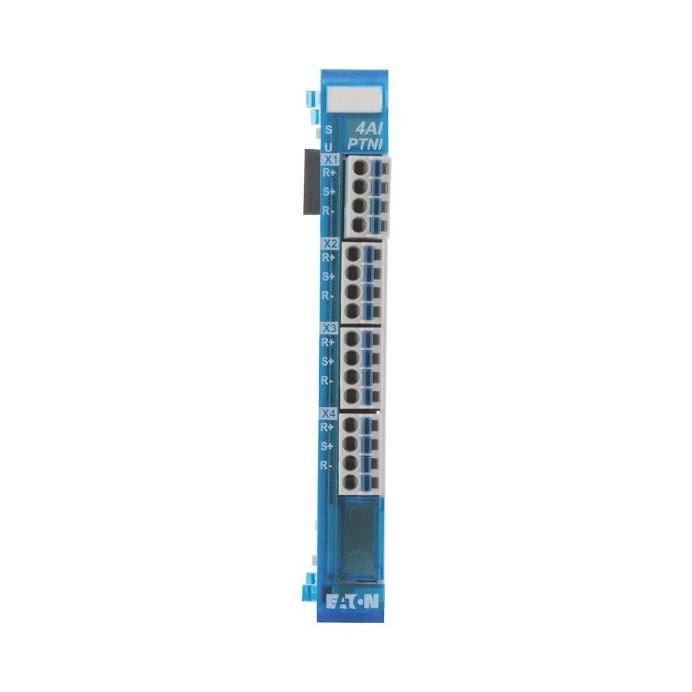 Blauer Eaton 4AI PTNI Eingangemodul mit Anschlussblock-Verbindungen, die mit X1 bis X4 beschriftet sind und die Positionen für Signalverkabelung angeben.