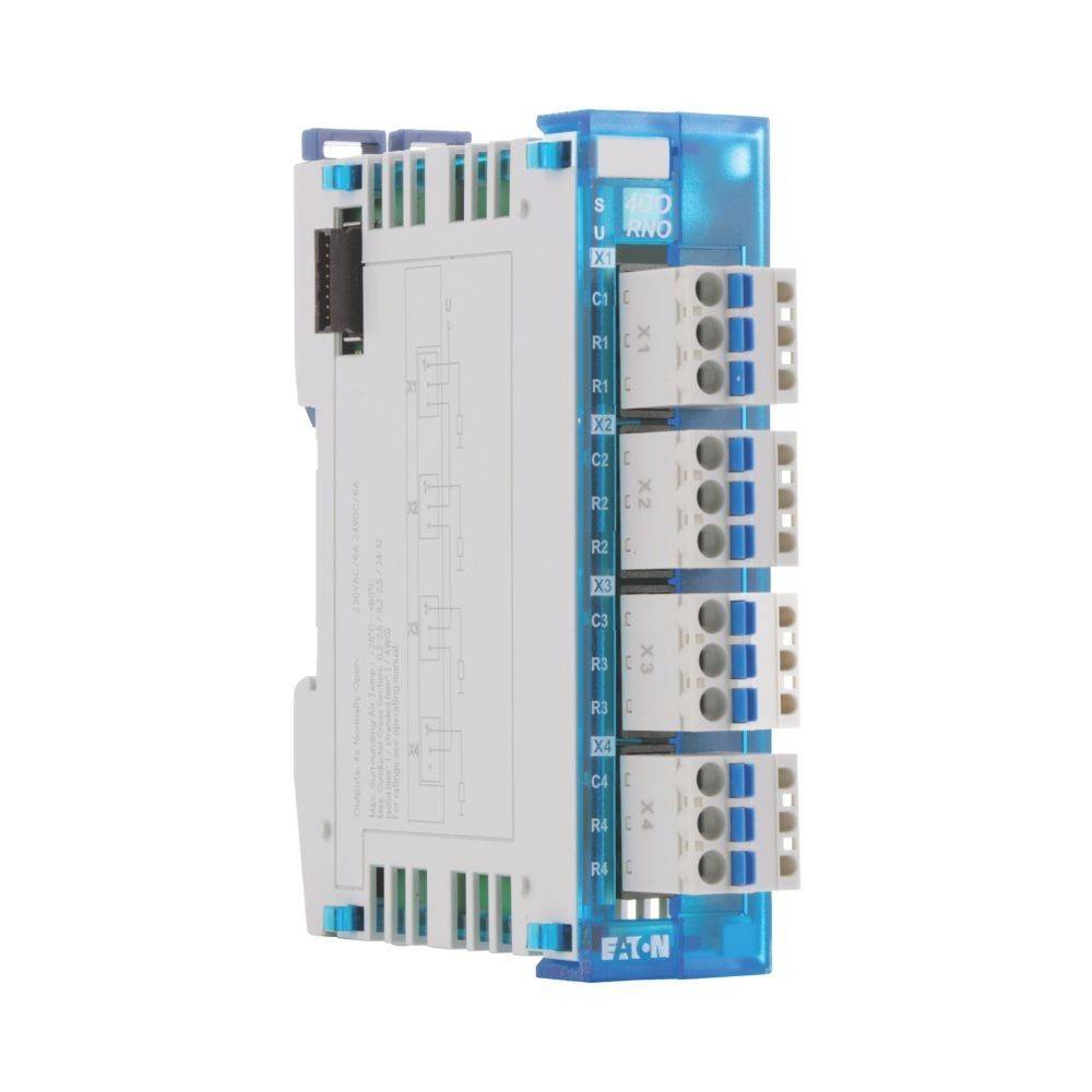 Ein Relaismodul mit mehreren Anschlussports, von X1 bis X4 gekennzeichnet, und Anschlussklemmen, das für elektrische Steuerungen in Automatisierungssystemen verwendet wird.
