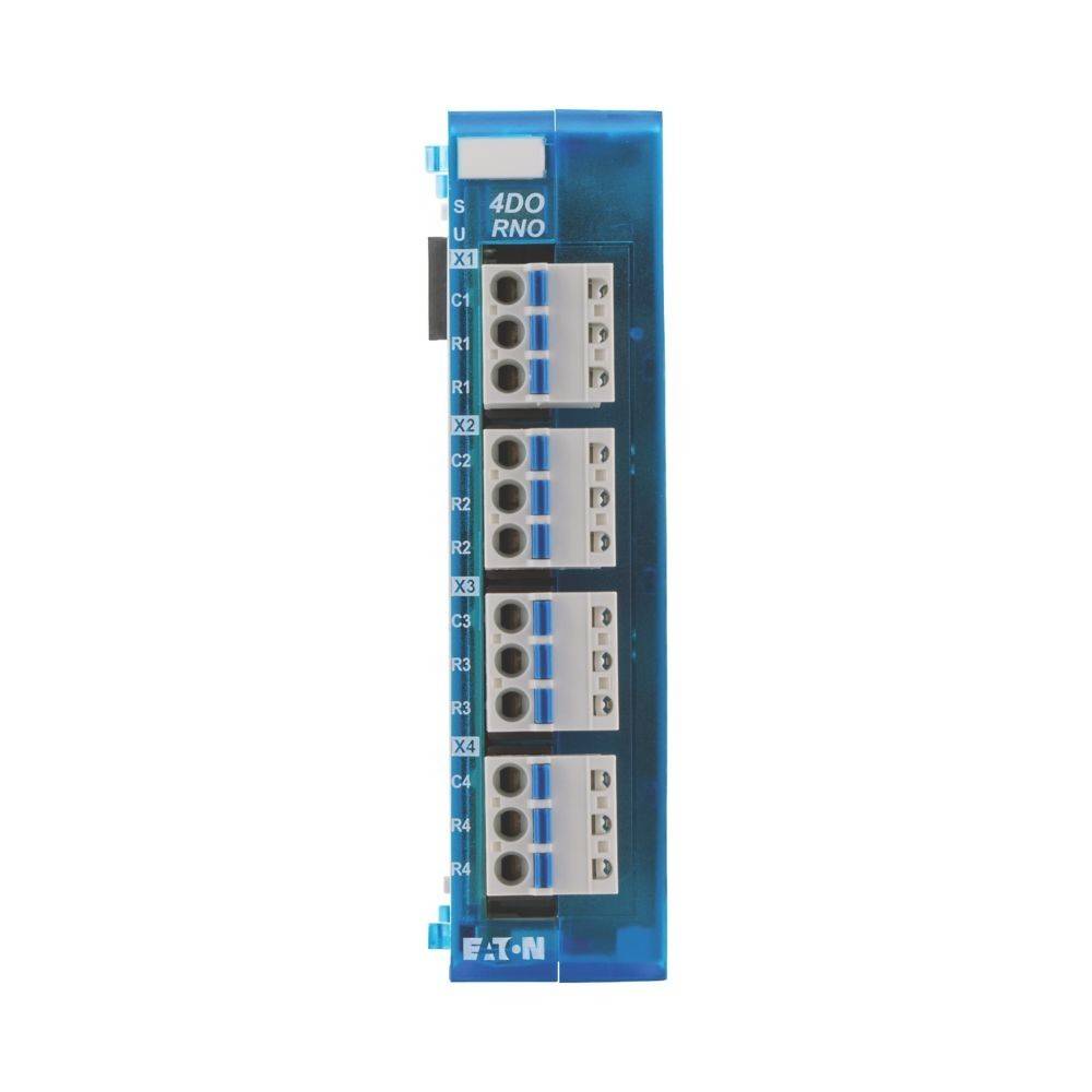 Ein blauer Industriemodul mit vier Sätzen von Anschlüssen, die als X1, X2, X3, X4 gekennzeichnet sind, wobei jeder drei Anschlusspunkte der C- und R-Reihe aufweist.