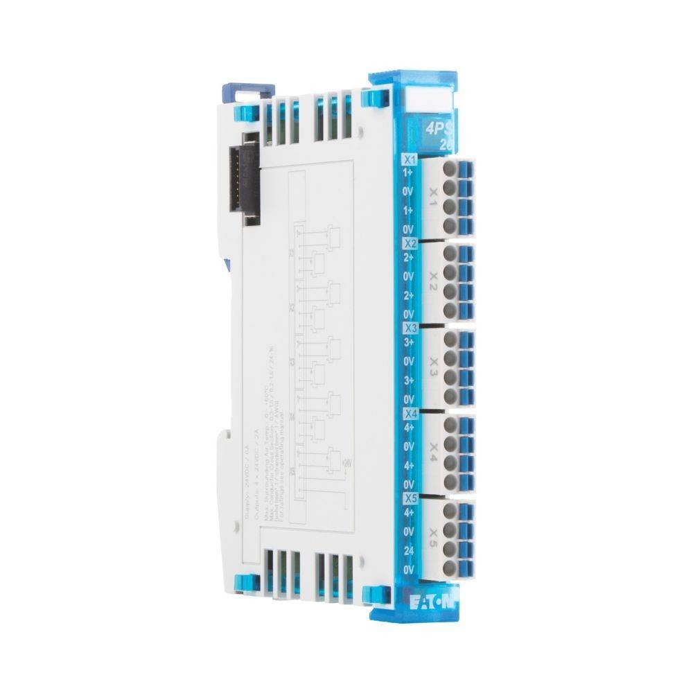 Ein blau-weißes elektronisches Modul mit der Beschriftung '4PI 20', das Anschlussklemmen und ein schematisches Diagramm in der Mitte aufweist.