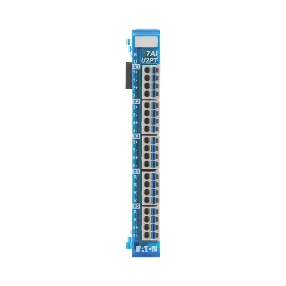 Blaue Klemmenleiste der Marke 'Eaton' mit beschrifteten Anschlusspunkten, '7AI/U2PT', und mehreren Schraubklemmen für Drahtverbindungen.