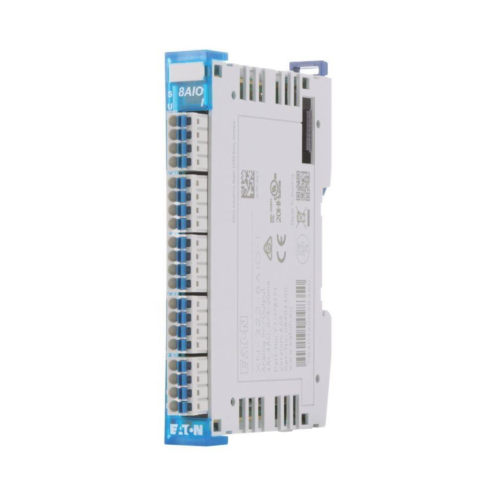 Eaton 8AIO Elektromodul mit mehreren Anschlusspunkten, seitlich mit '8AIO' beschriftet, verwendet für industrielle Automatisierungssysteme.