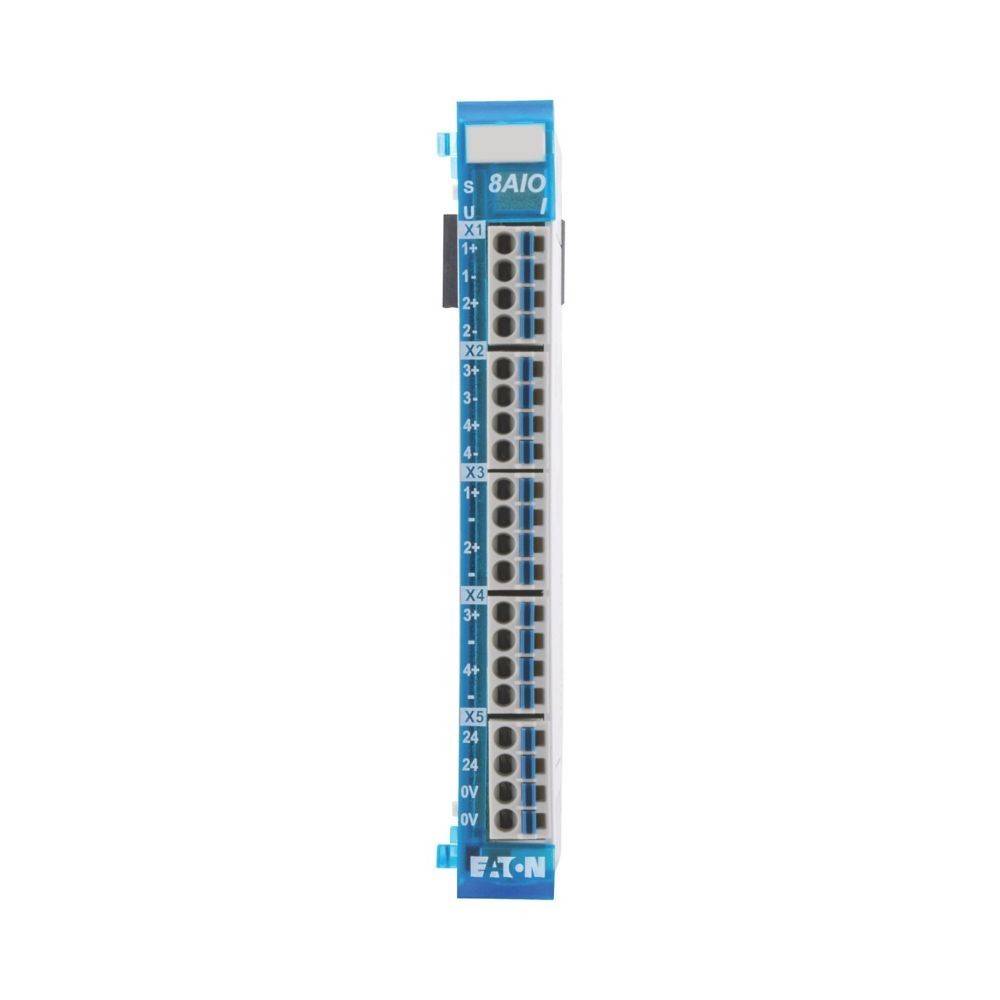 Eaton 8AIO Blaues Modul mit mehreren Anschlusspunkten, gekennzeichnet von X1 bis X3 und 24V bis 0V, für elektrische Installationen.