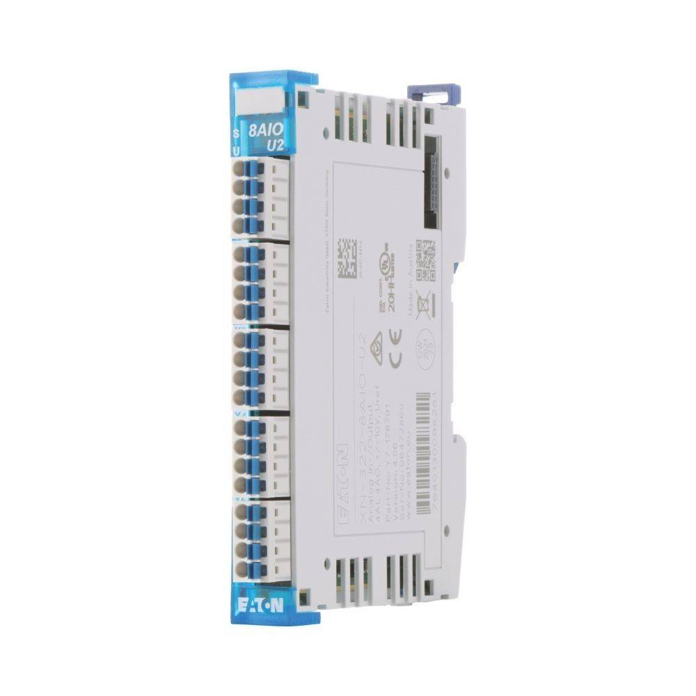Ein weißes und blaues Eaton-Elektronikmodul mit mehreren Anschlussports auf der linken Seite, auf dessen Oberfläche Text und Symbole zu sehen sind.