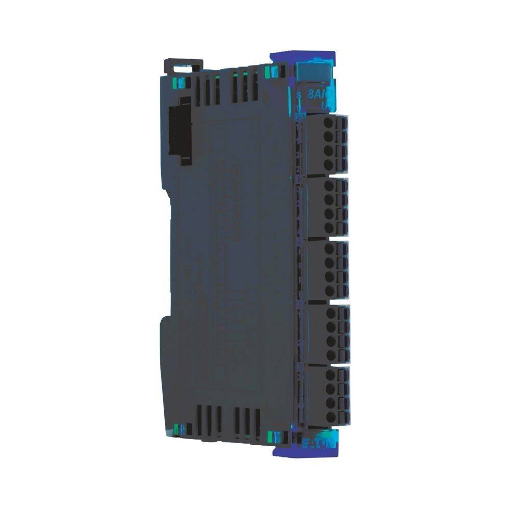 8AI'-Elektronikmodul mit mehreren Anschlussports, verwendet für industrielle Automatisierungssysteme. Schwarzer Körper mit blauen Akzenten.
