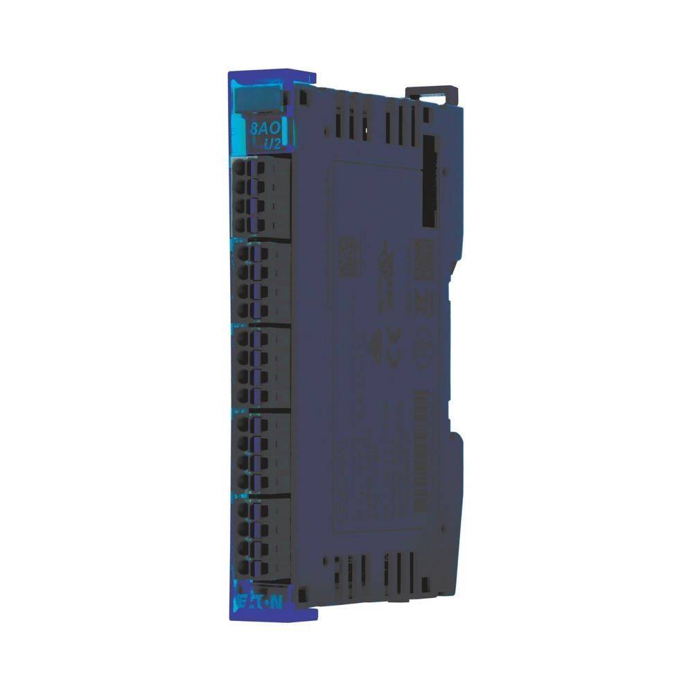 Ein dunkel gefärbtes elektronisches Modul mit mehreren Steckplätzen und beschrifteten Anschlüssen, das für elektrische Verbindungen oder Datenintegrationssysteme verwendet wird.