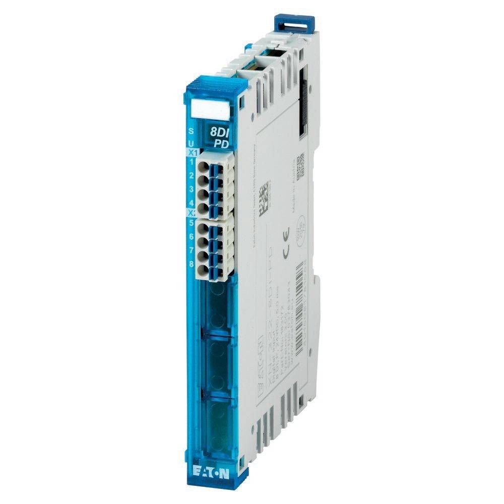 Eaton 8DI P3' Kompaktmodul mit sichtbaren Anschlüssen und Ports an der Vorderseite, gekennzeichnet mit 'Eaton' Branding auf einem grauen Gehäuse.