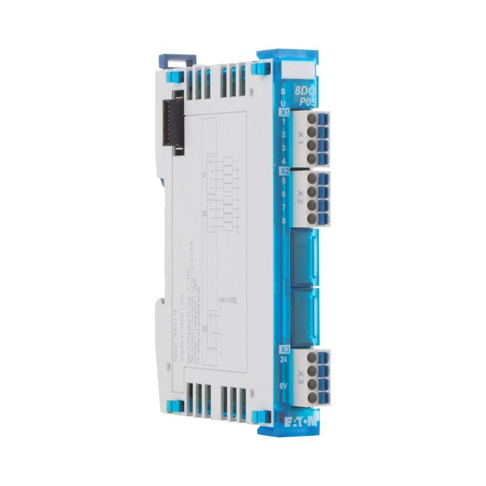 Ein weißes und blaues Eaton-Elektronikmodul mit beschrifteten Anschlussports, das für industrielle Automatisierungsanwendungen verwendet wird.