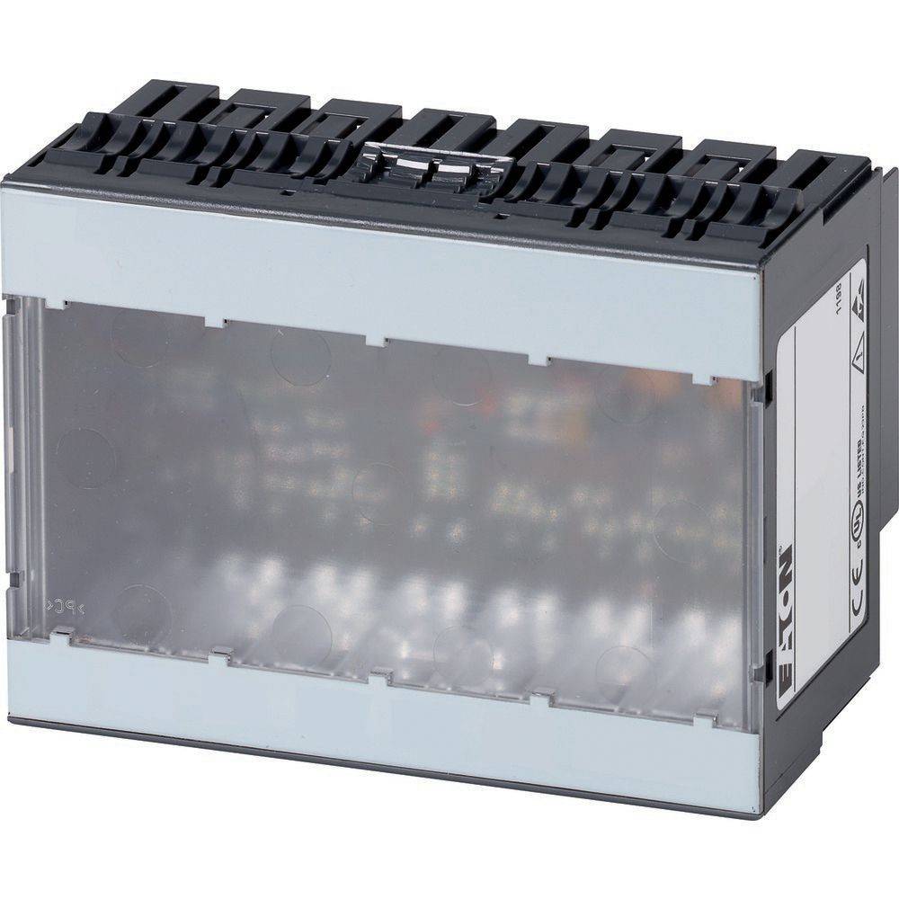 Ein grau-schwarzes elektronisches Gerät mit einer durchsichtigen Frontplatte und mehreren Anschlusspins, das für industrielle Automatisierungssysteme verwendet wird.