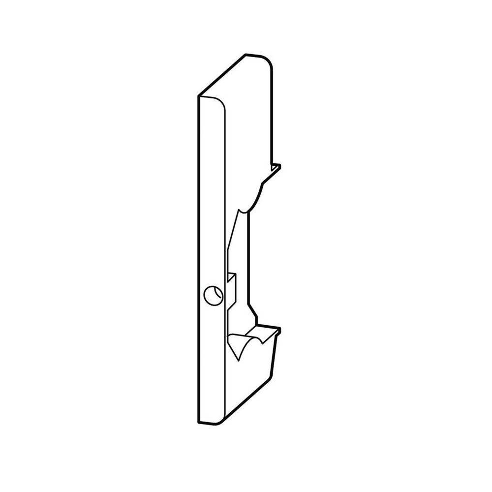 Dünne, vertikale 3D-Linienzeichnung einer geschlitzten Halterung mit gekrümmten und gewinklten Ausschnitten, die ein kreisrundes Loch nahe dem unteren Rand aufweist.