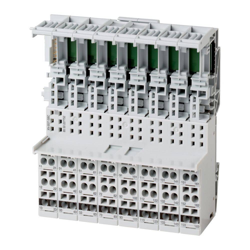 Ein weißer Industrieanschlussblock mit mehreren Anschlusspunkten und hebelbetätigten Mechanismen in einem kompakten Design.