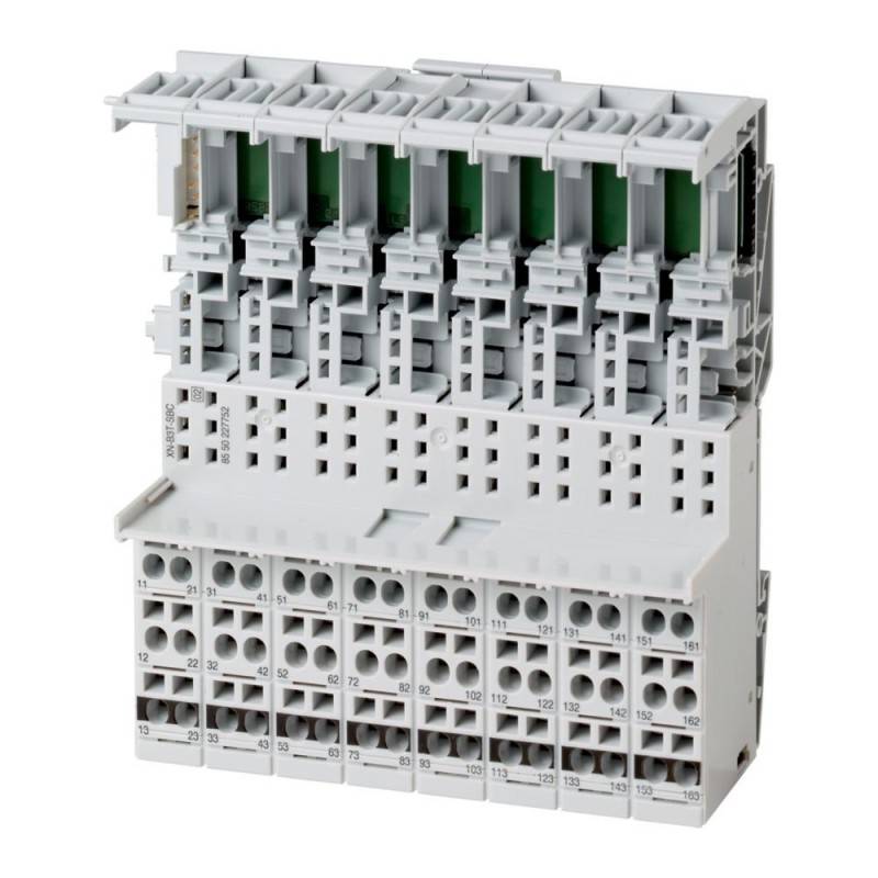 Ein weißer und grauer Elektro-Terminalblock mit mehreren Verdrahtungsschlitzen und nummerierten Anschlüssen, entwickelt zum Organisieren und Sichern elektrischer Verbindungen.