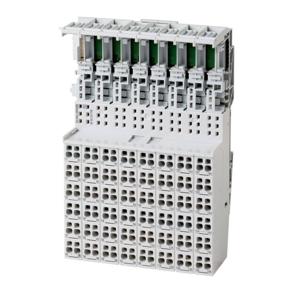 Ein komplexer industrieller elektrischer Verbinder mit mehreren Anschlusssteckplätzen und Hebeln, der zum Verbinden und Organisieren zahlreicher elektrischer Schaltkreise verwendet wird.