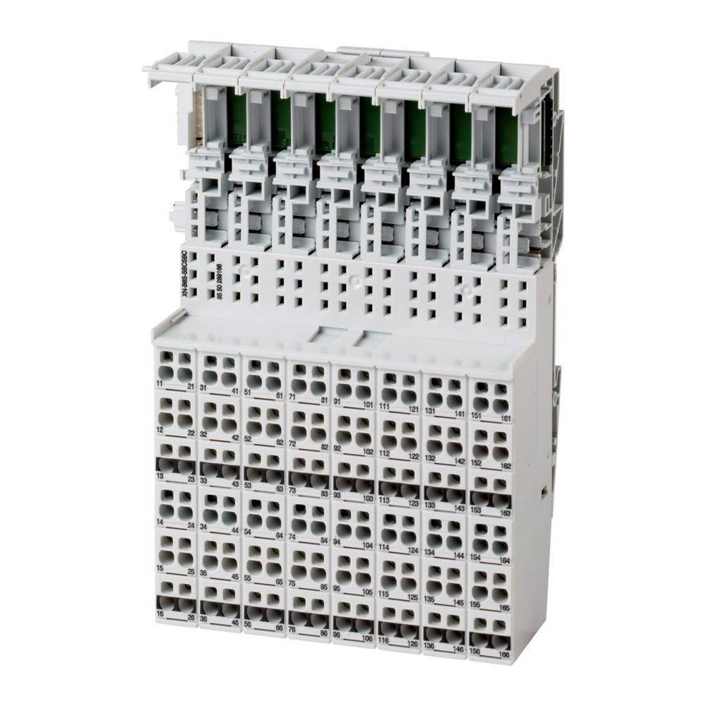 Modularer Anschlussblock mit mehreren Steckdosen für elektrische Verbindungen, ausgestattet mit nummerierten Steckplätzen zur Organisation, überwiegend in Weiß mit grauen Akzenten.