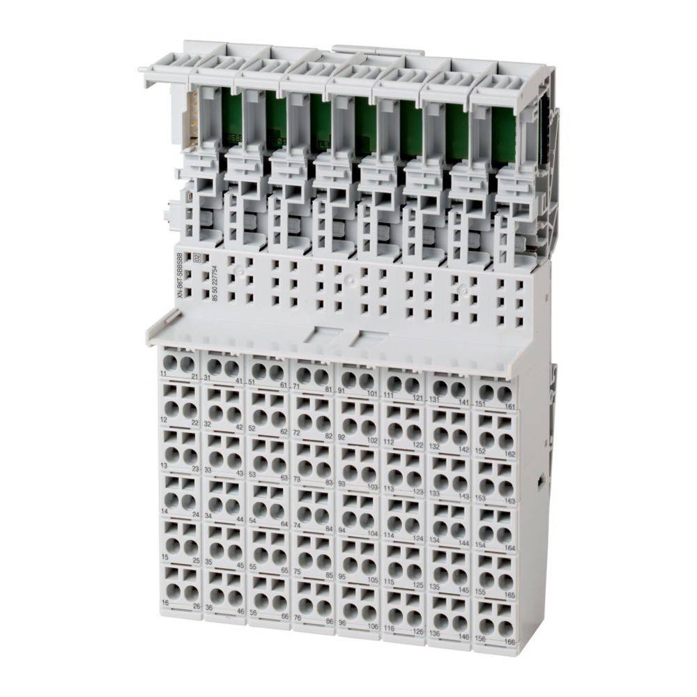 Ein weißer elektrischer Klemmenblock mit mehreren Reihen und Spalten von Anschlusspunkten und grünen Indikatoren auf der Oberseite. Verwendet in Steuerungssystemen.