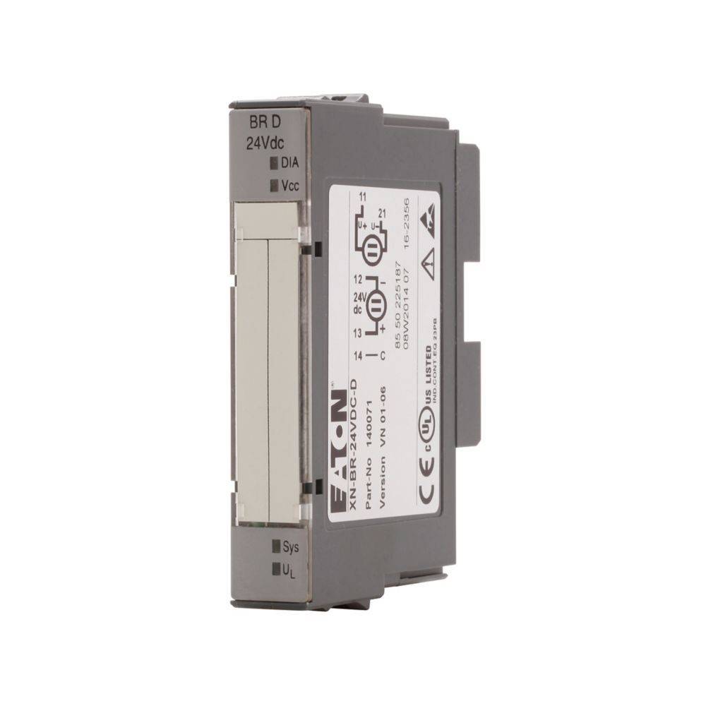 Eaton-Relais mit 24V DC-Bewertung, Modell BR D. Seitenansicht zeigt LED-Anzeigen und Schaltplan für elektrische Anschlüsse.