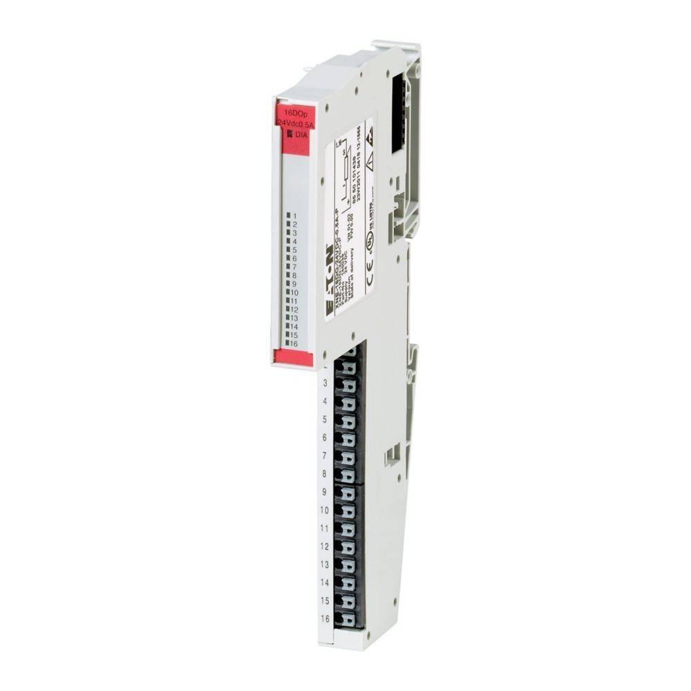 Ein weißes elektronisches Modul mit nummerierten Anschlüssen von 1 bis 16 an der Seite, mit einer roten Beschriftung auf der vorderen Oberseite.