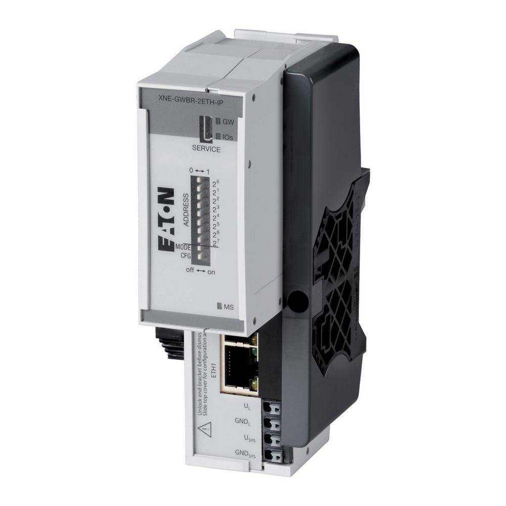 Ein Eaton XNE-GWBR-ZETH-IP-Modul verfügt über Ethernet-Ports und Anzeigelampen und wird für industrielle Automatisierungs- und Steuerungssysteme verwendet.