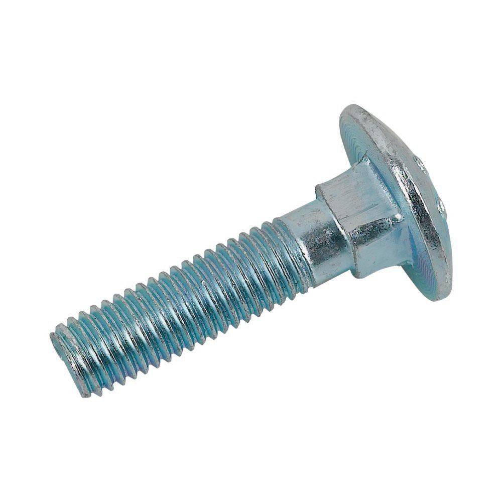 Eine silberne Metallschraube mit rundem, flachem Kopf und gewindeter Schaft, vor einem einfarbigen weißen Hintergrund dargestellt.