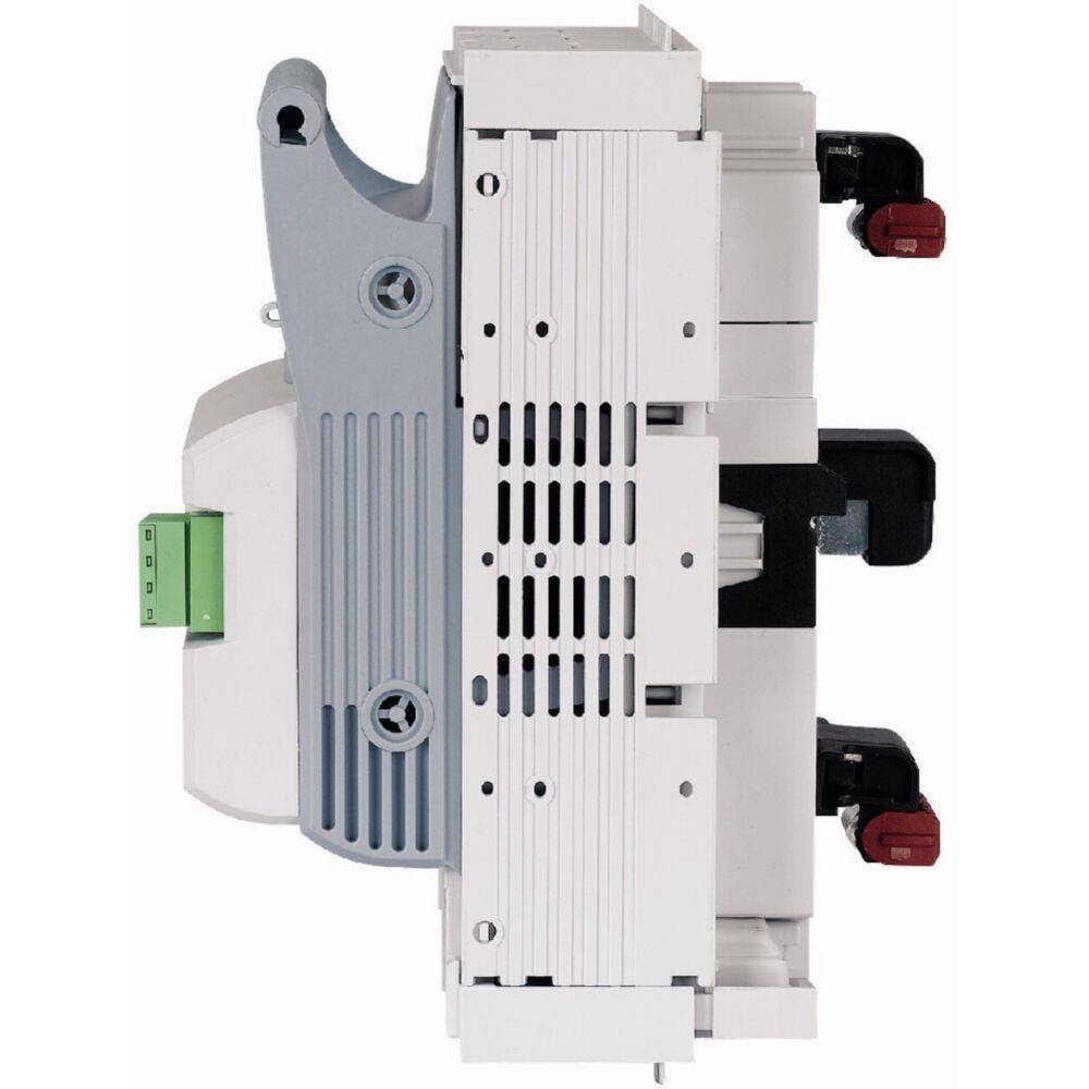 Eine Seitenansicht eines elektronischen Geräts mit weißem Gehäuse, versehen mit Lüftungsschlitzen und zwei roten Schaltern auf der rechten Seite.