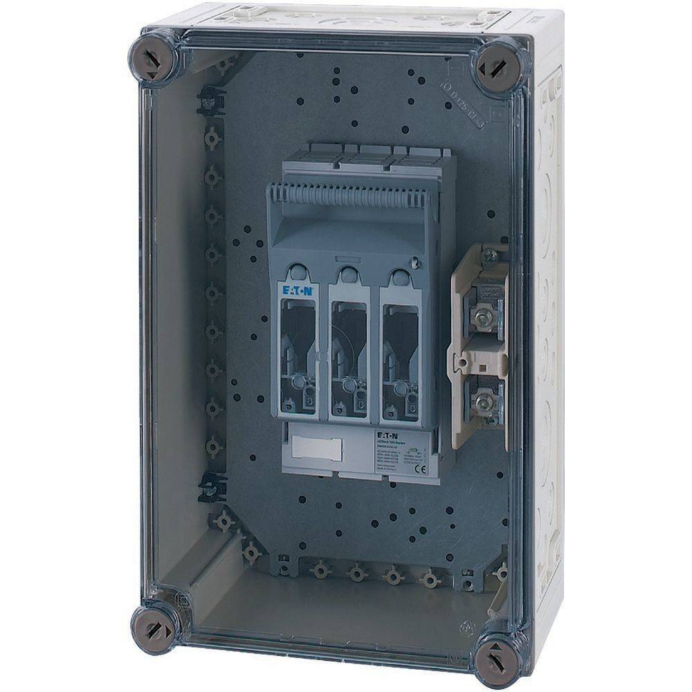 Eine graue elektrische Verteilerkasten mit einem Hauptschalter der Marke 'EATON', in einer offenen Ansicht mit einer transparenten Abdeckung, die die internen Komponenten zeigt.