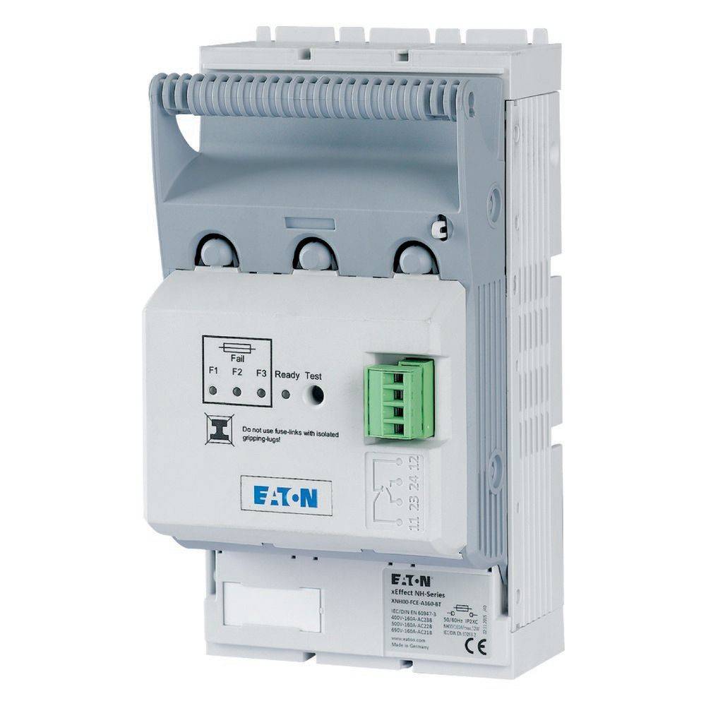 Eaton Elektronikgerät mit Beschriftungen: Fail, F2, F3, Ready Test. Merkmale umfassen einen Wippschalter und Schraubklemmen für Anschlüsse.