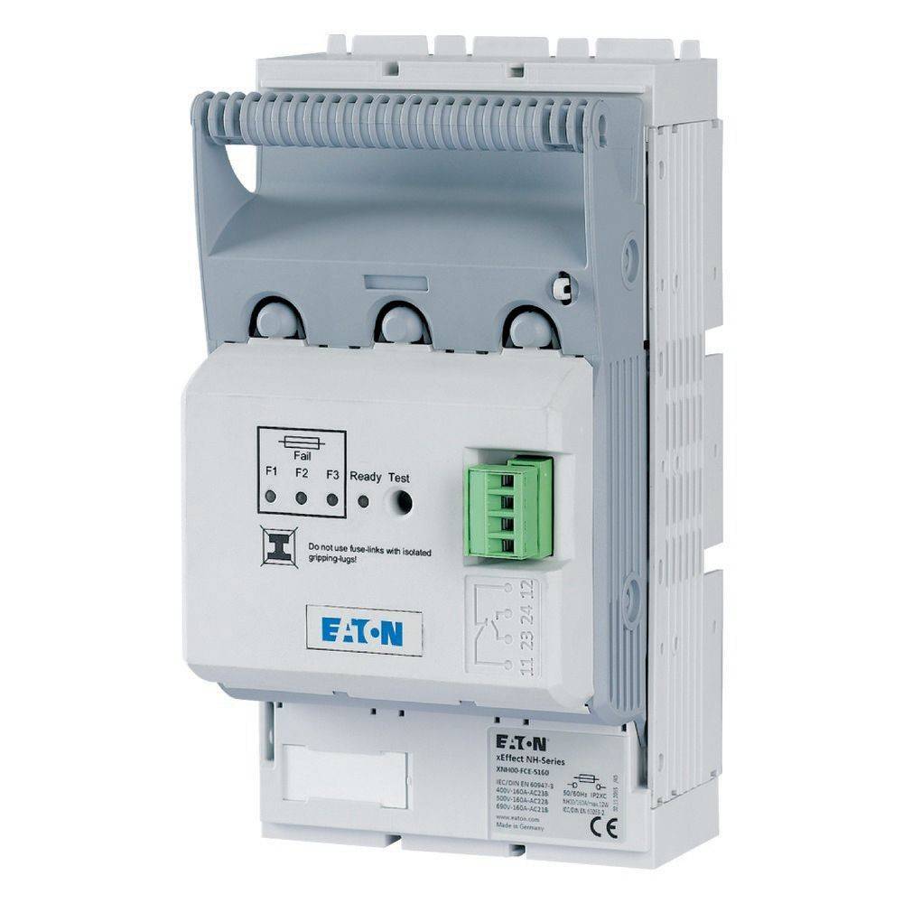 Elektrischer Leitungsschutzschalter mit Testknopf und Anzeigelampen. Mit der Bezeichnung 'Eaton' ausgestattet, versehen mit einem Griff und Anschlusspunkten an der Seite.