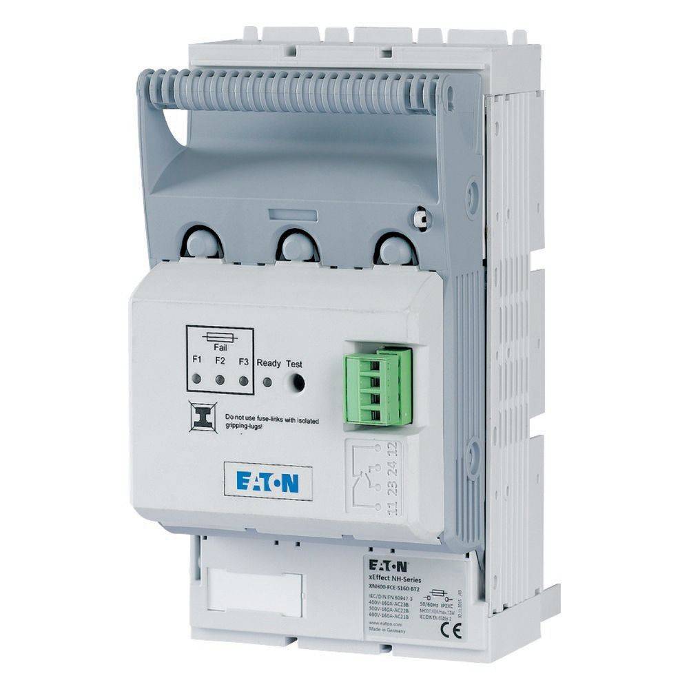 Eaton elektronische Schaltanlage mit grünem Anschluss und Testknöpfen, entwickelt für Elektrosystemmanagement und -schutz.
