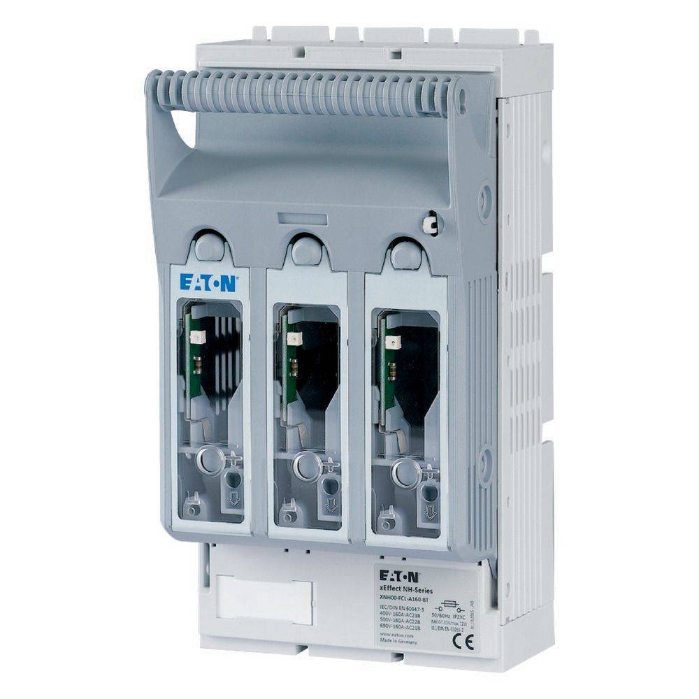 Eine graue Eaton Elektro-Schaltanlage mit drei transparenten Abschnitten, die interne Mechanismen zeigen und für den Schutz von Stromkreisen ausgelegt ist.